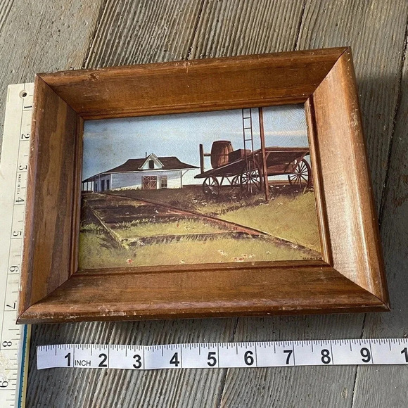 VTG Wood Frame Print Art Painting Wall Decor Country Side Railroad House 7”x9” - Picture 2 of 5